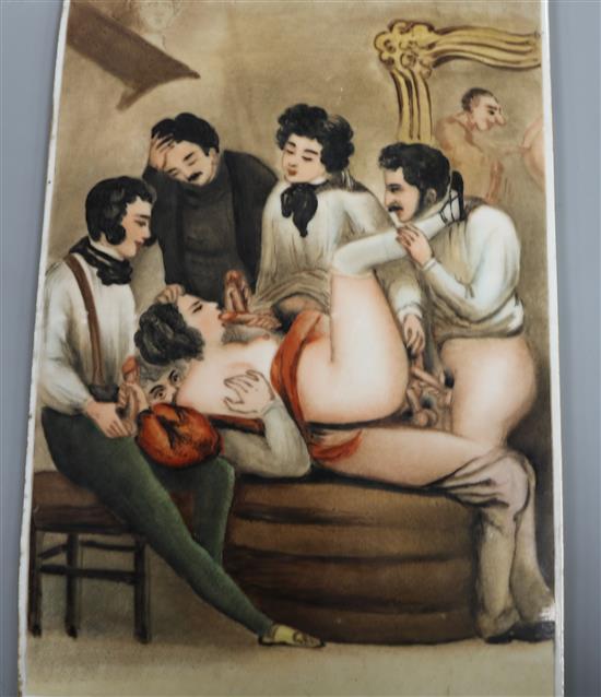 A Victorian gentleman in an erotic orgy scene, period scene on a ceramic tile 30 x 20cm